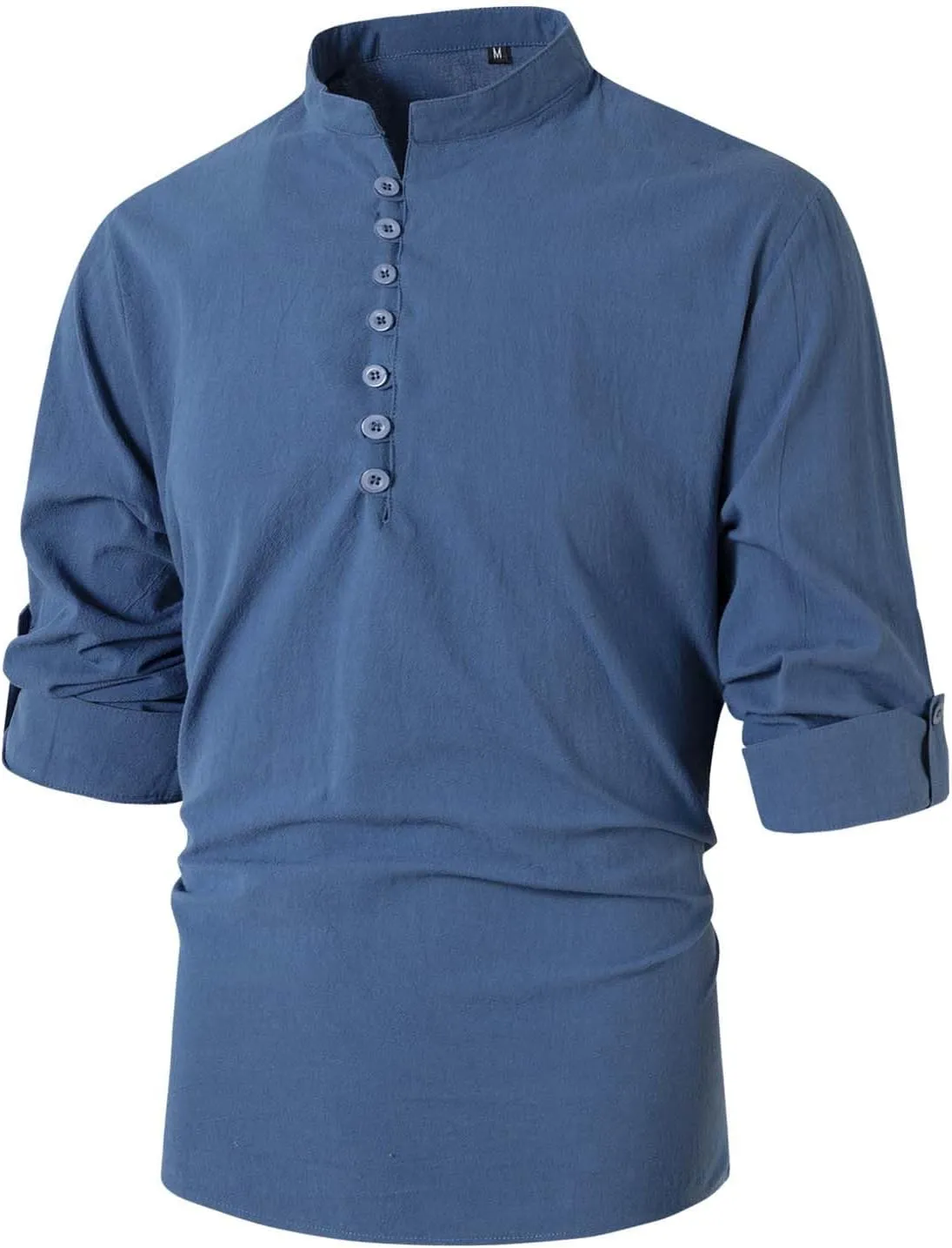 Roll Up Sleeve Shirt for Men Combat Lightweight Solid Causal Travel Tops Cotton Linen Regular Fit Fashion Half Button Shirts