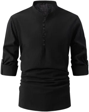 Roll Up Sleeve Shirt for Men Combat Lightweight Solid Causal Travel Tops Cotton Linen Regular Fit Fashion Half Button Shirts