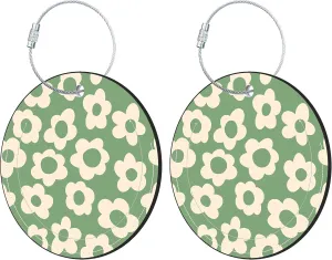 Round Luggage Tag for Suitcases,Vintage Groovy Flowers 2 Pack Leather Travel Luggage Tags with Name ID Label Privacy Flap and Steel Loop for Women and Men Suitcases Travel Bags Luggage Bags