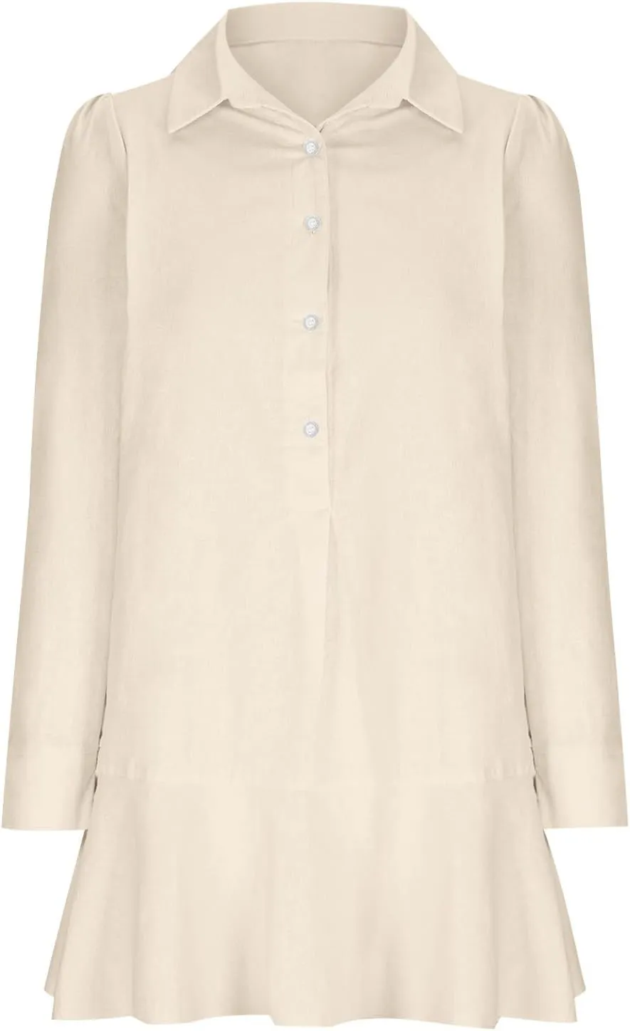 Ruffle Hem Mini Shirt Dress Women Cotton Linen Long Sleeve Henley Tunic Dress Button V Neck Lapel Casual Dresses