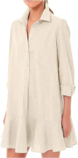 Ruffle Hem Mini Shirt Dress Women Cotton Linen Long Sleeve Henley Tunic Dress Button V Neck Lapel Casual Dresses