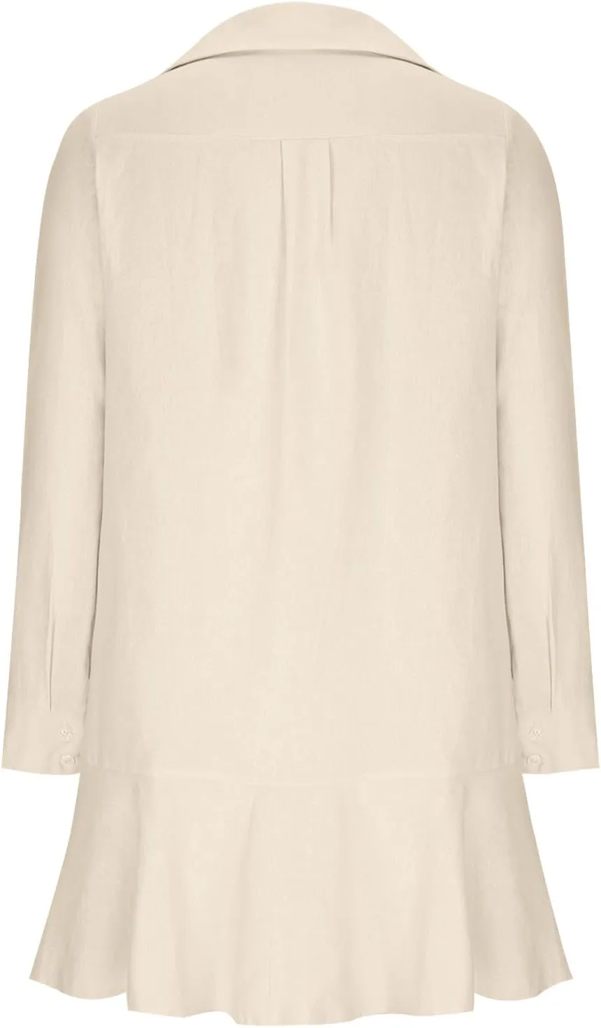 Ruffle Hem Mini Shirt Dress Women Cotton Linen Long Sleeve Henley Tunic Dress Button V Neck Lapel Casual Dresses