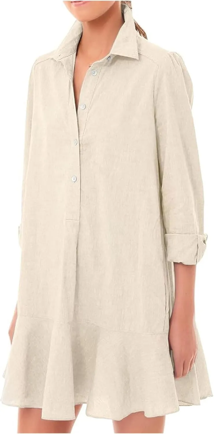Ruffle Hem Mini Shirt Dress Women Cotton Linen Long Sleeve Henley Tunic Dress Button V Neck Lapel Casual Dresses