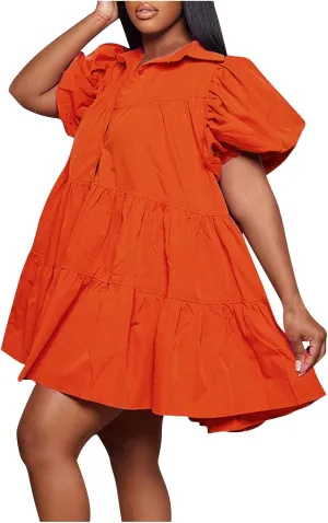 Ruffle Mini Dress for Women Plus Size Puff Sleeve Pleated Loose Dress Button Down Lapel Collar Summer Flowy Dress