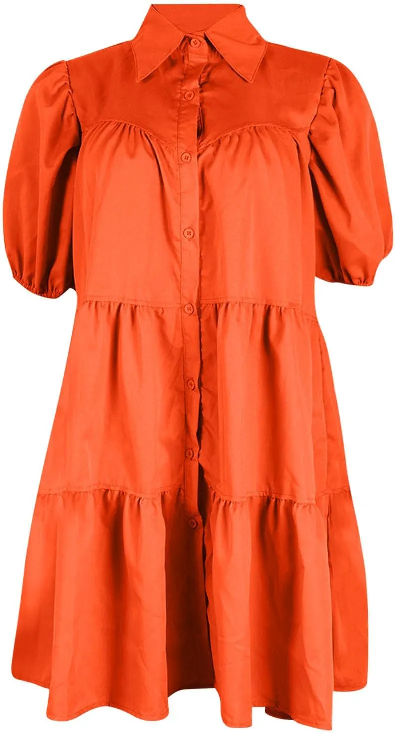 Ruffle Mini Dress for Women Plus Size Puff Sleeve Pleated Loose Dress Button Down Lapel Collar Summer Flowy Dress
