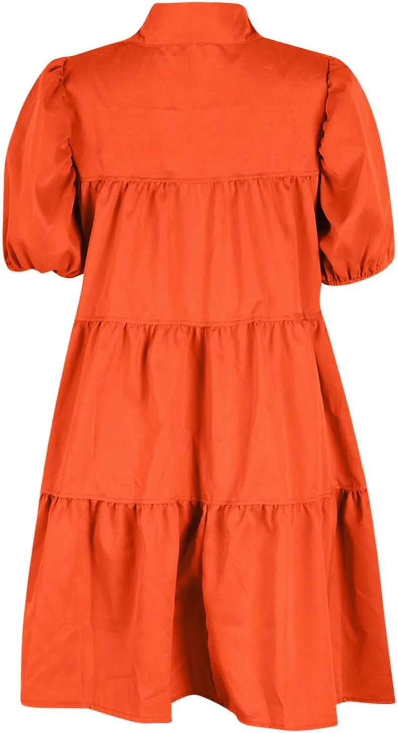 Ruffle Mini Dress for Women Plus Size Puff Sleeve Pleated Loose Dress Button Down Lapel Collar Summer Flowy Dress