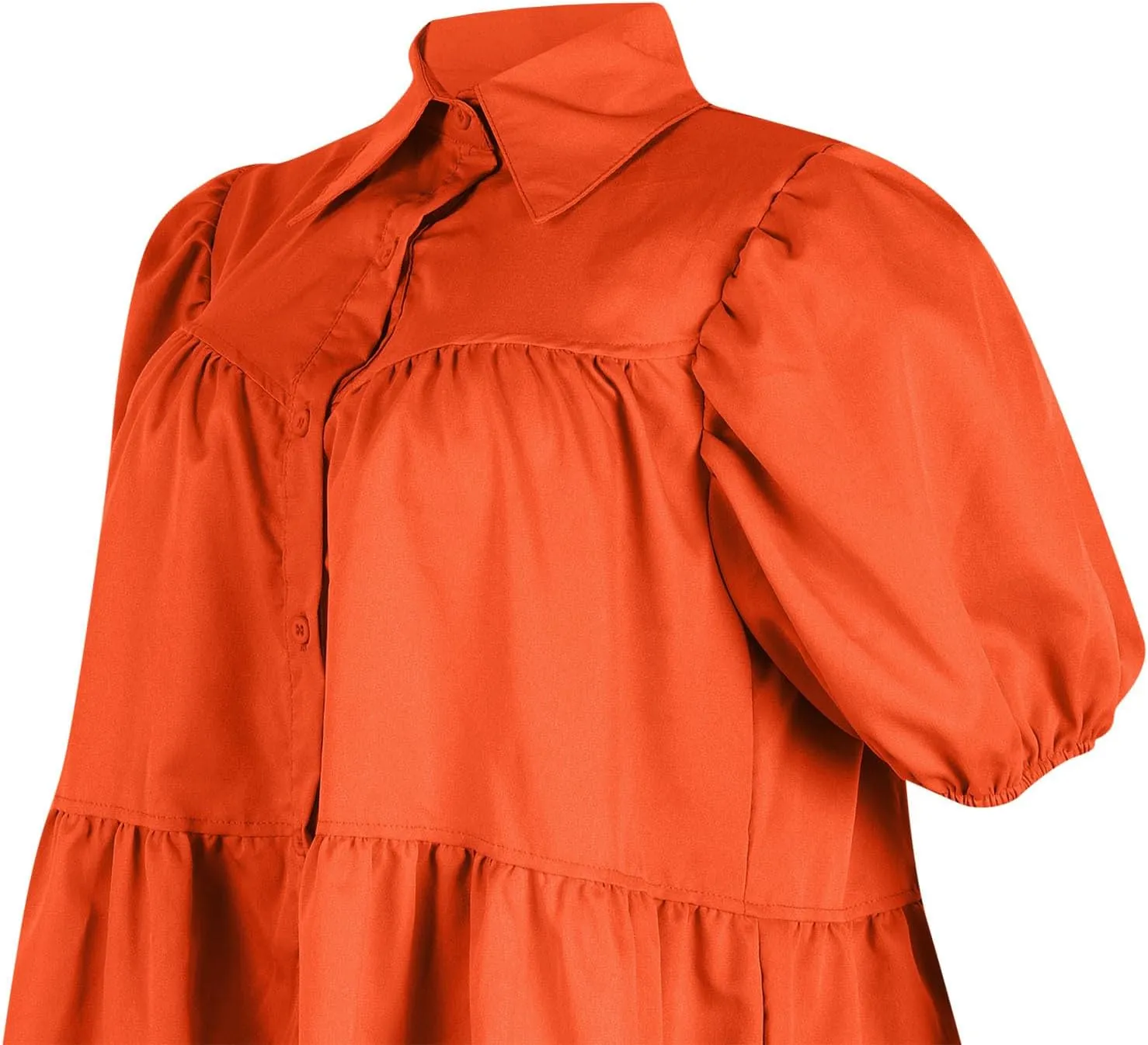 Ruffle Mini Dress for Women Plus Size Puff Sleeve Pleated Loose Dress Button Down Lapel Collar Summer Flowy Dress