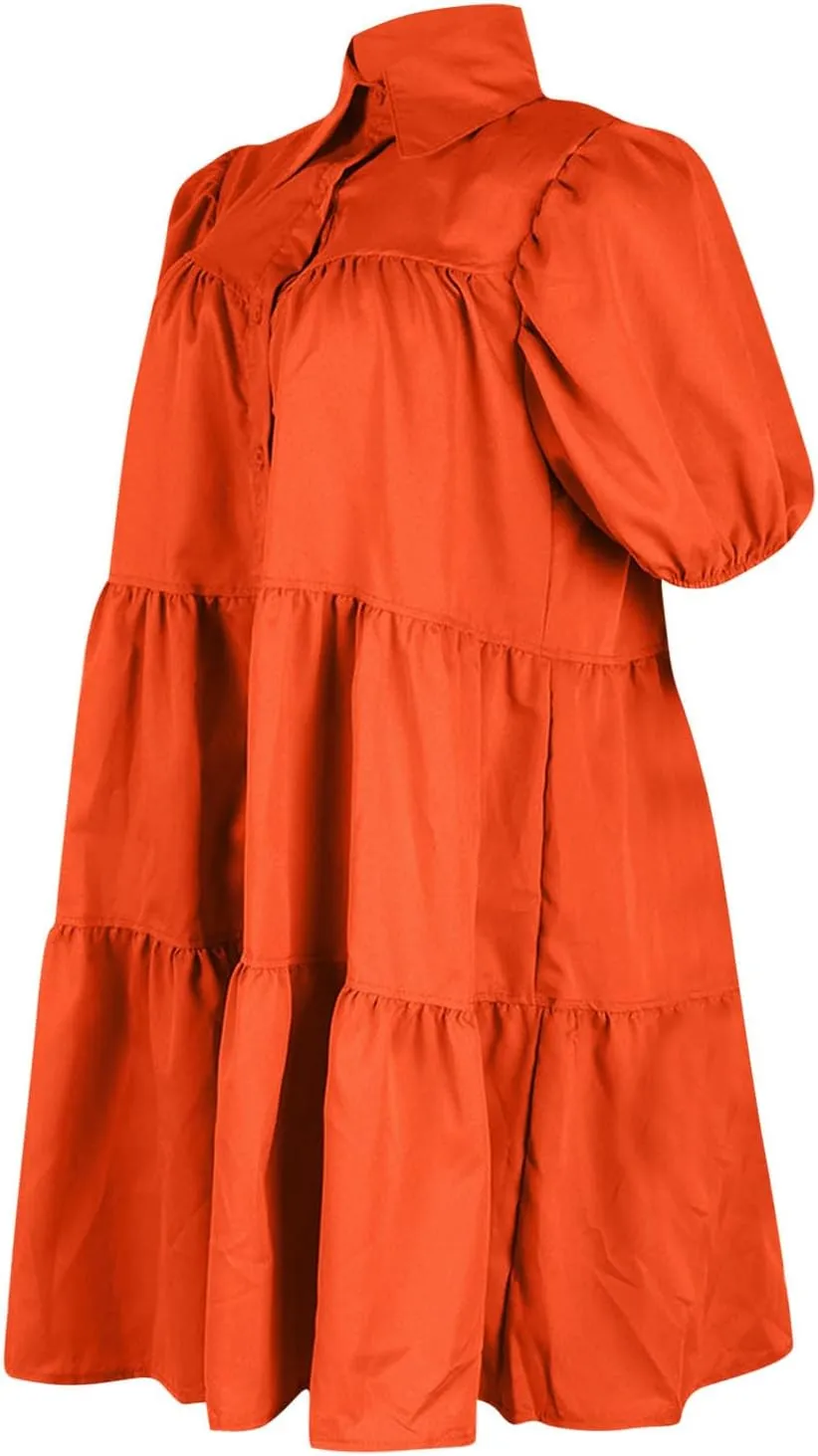 Ruffle Mini Dress for Women Plus Size Puff Sleeve Pleated Loose Dress Button Down Lapel Collar Summer Flowy Dress