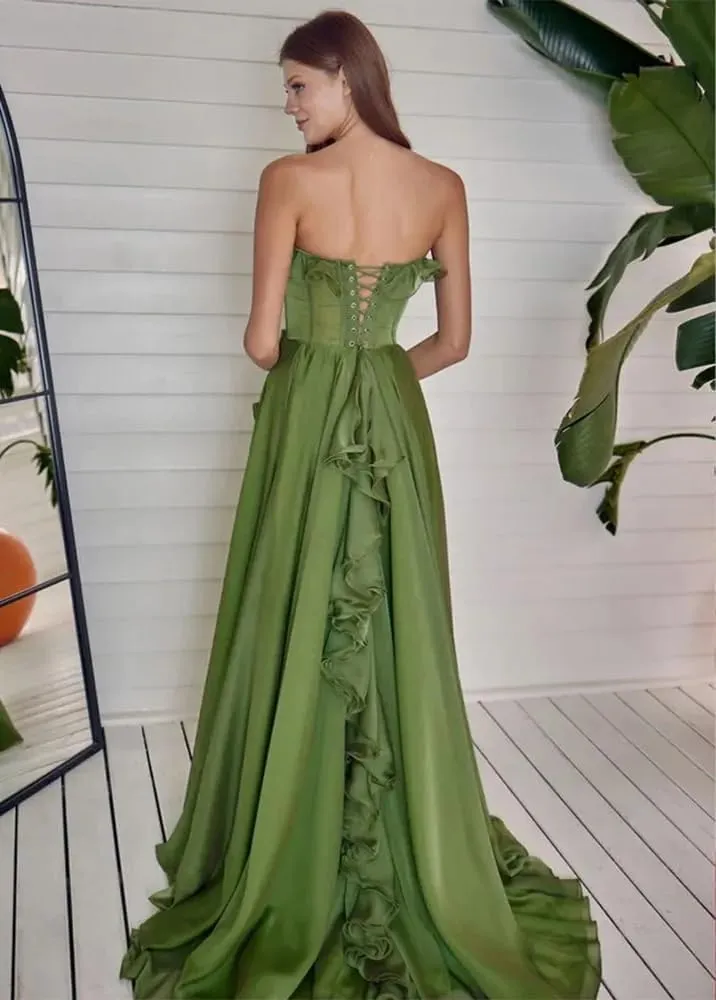 Ruffles Chiffon Prom Dresses Sweetheart Strapless Evening Party Dress Split Long Cocktail Gown