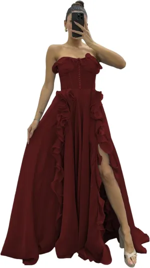 Ruffles Chiffon Prom Dresses Sweetheart Strapless Evening Party Dress Split Long Cocktail Gown