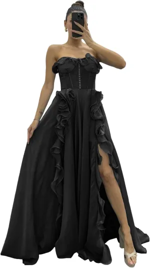 Ruffles Chiffon Prom Dresses Sweetheart Strapless Evening Party Dress Split Long Cocktail Gown