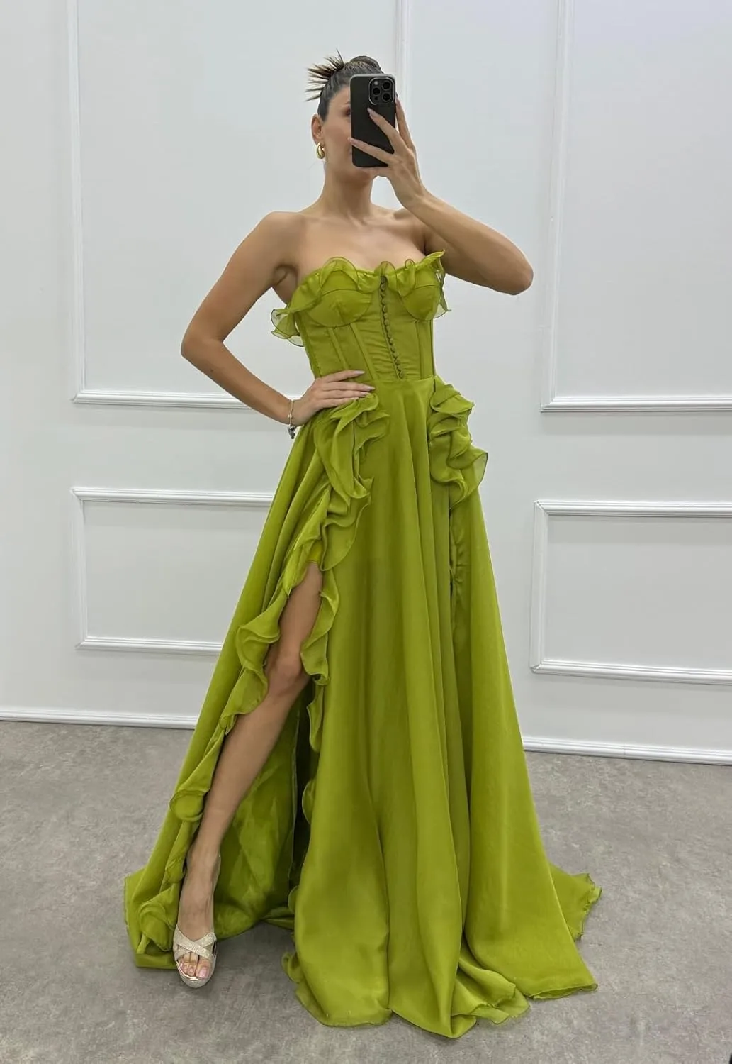 Ruffles Chiffon Prom Dresses Sweetheart Strapless Evening Party Dress Split Long Cocktail Gown