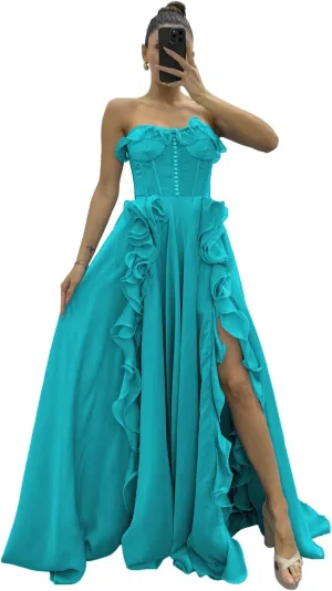 Ruffles Chiffon Prom Dresses Sweetheart Strapless Evening Party Dress Split Long Cocktail Gown