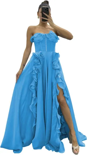 Ruffles Chiffon Prom Dresses Sweetheart Strapless Evening Party Dress Split Long Cocktail Gown