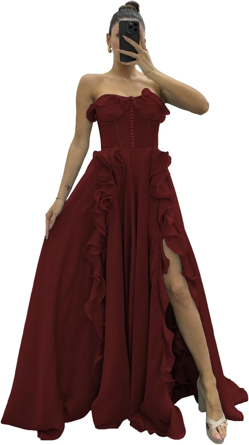Ruffles Chiffon Prom Dresses Sweetheart Strapless Evening Party Dress Split Long Cocktail Gown