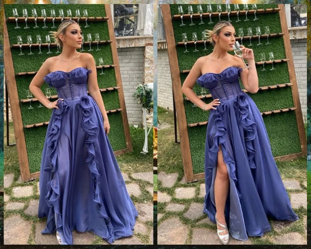 Ruffles Chiffon Prom Dresses Sweetheart Strapless Evening Party Dress Split Long Cocktail Gown