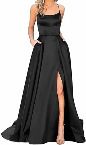 Satin Prom Dresses for Women 2025 Elegant Spaghetti Straps Formal Evening Dress Blackless Maxi Gown with Slit