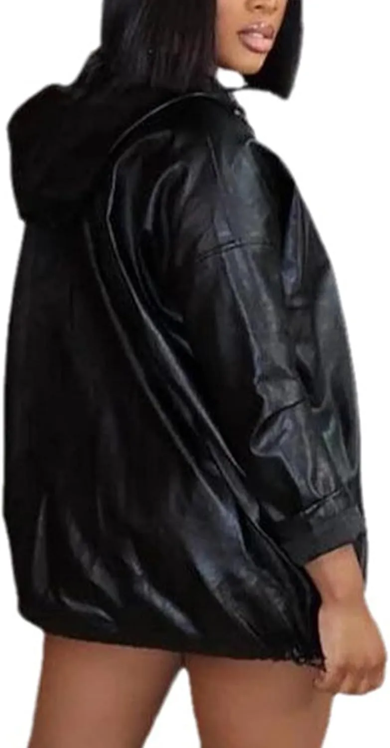 SEMATOMALA Women's Half Zip PU Leather Drawstring Hoodie Top Hooded Faux Leather Windbreaker Oversized Pullover