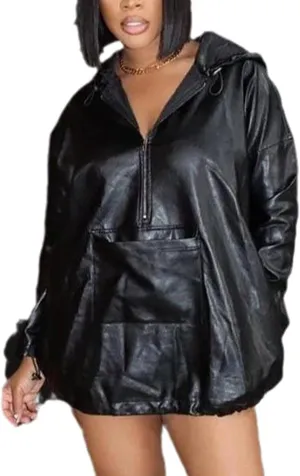 SEMATOMALA Women's Half Zip PU Leather Drawstring Hoodie Top Hooded Faux Leather Windbreaker Oversized Pullover