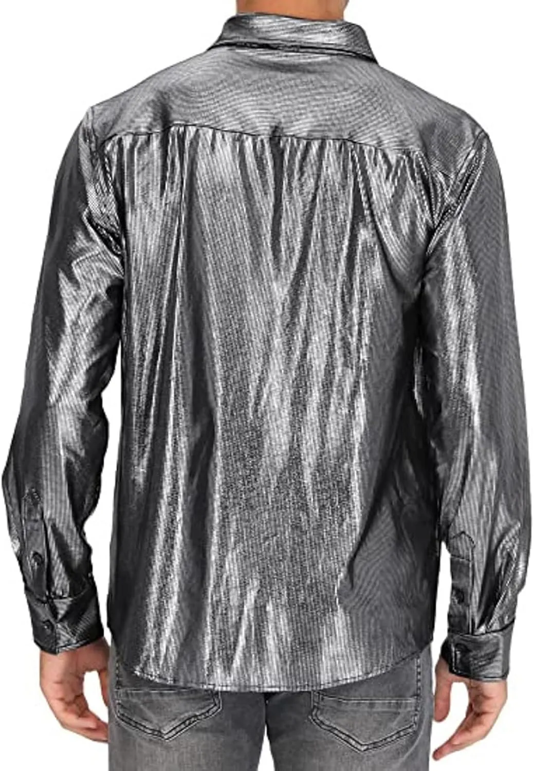 Sequin Shirts for Men Casual Button Down Glitter Mardi Gras Dress Shirt Loose Fit Long Sleeve Lightweight Lapel Blouse