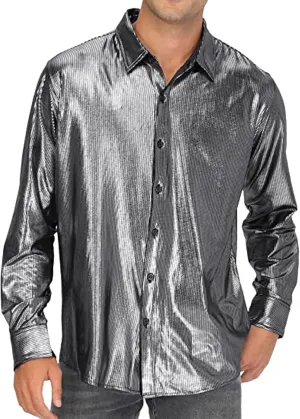 Sequin Shirts for Men Casual Button Down Glitter Mardi Gras Dress Shirt Loose Fit Long Sleeve Lightweight Lapel Blouse