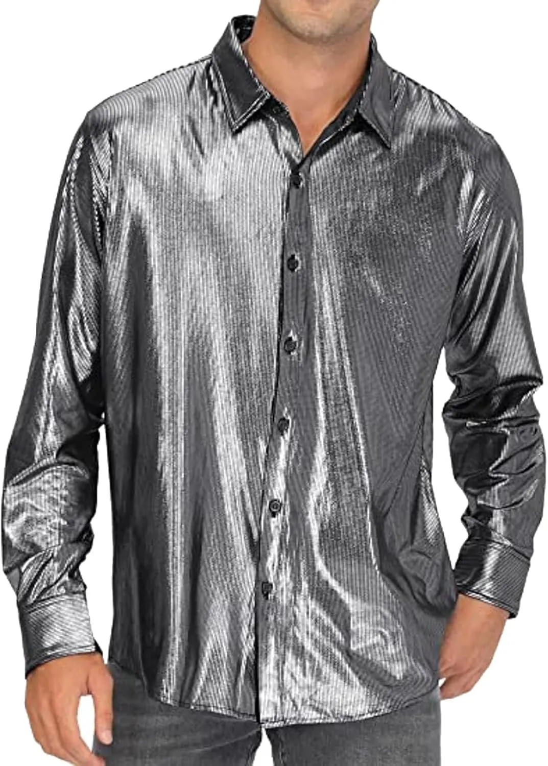 Sequin Shirts for Men Casual Button Down Glitter Mardi Gras Dress Shirt Loose Fit Long Sleeve Lightweight Lapel Blouse