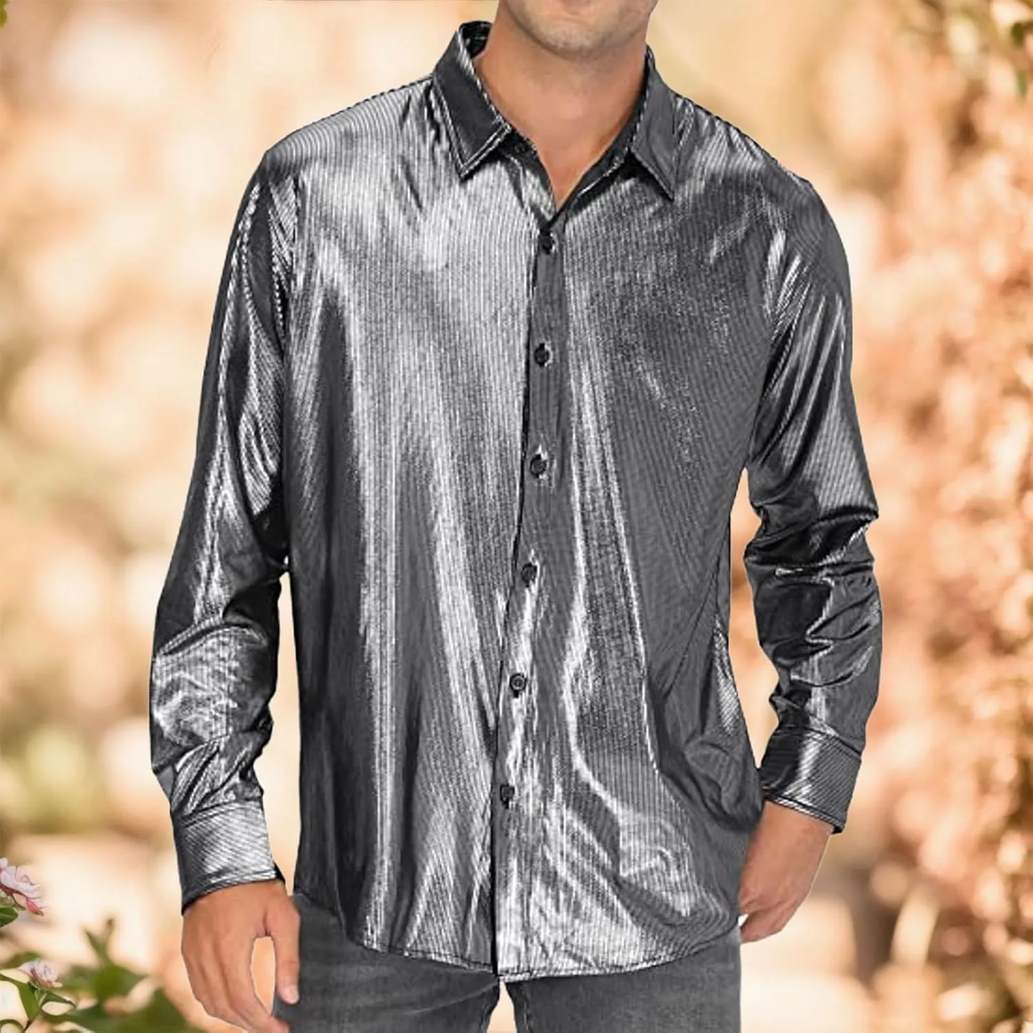 Sequin Shirts for Men Casual Button Down Glitter Mardi Gras Dress Shirt Loose Fit Long Sleeve Lightweight Lapel Blouse