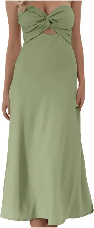 Sexy Front Strapless Sweetheart Neckline Midi Dresses for Women Smocked Cutout Tube Linen Dress Summer Dress Knee