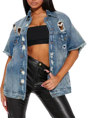 Sexyshine Women's Fashion Denim Jacket Loose Cloak Coat Jacket Washed Destroyed Denim Jackets Poncho Cape