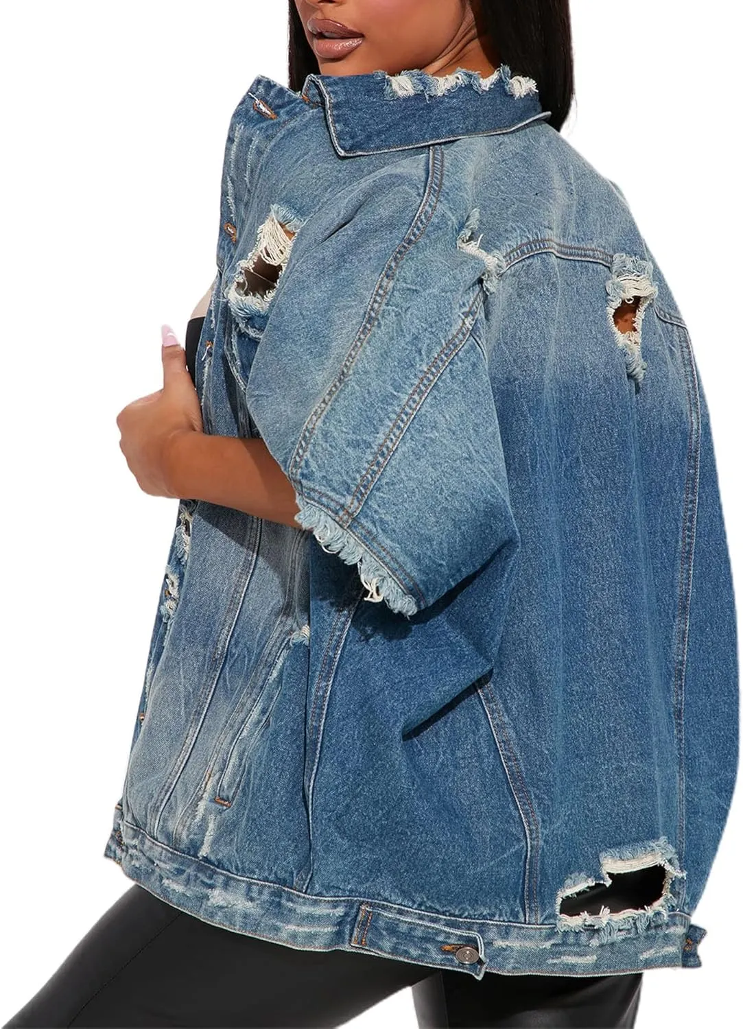 Sexyshine Women's Fashion Denim Jacket Loose Cloak Coat Jacket Washed Destroyed Denim Jackets Poncho Cape