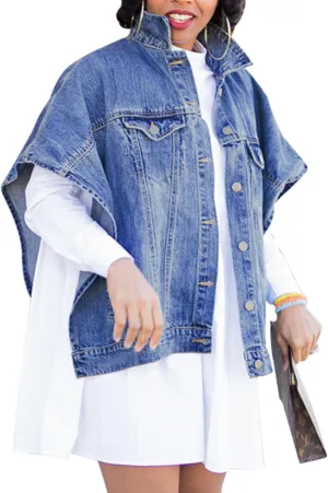 Sexyshine Women's Fashion Denim Jacket Loose Cloak Coat Jacket Washed Destroyed Denim Jackets Poncho Cape