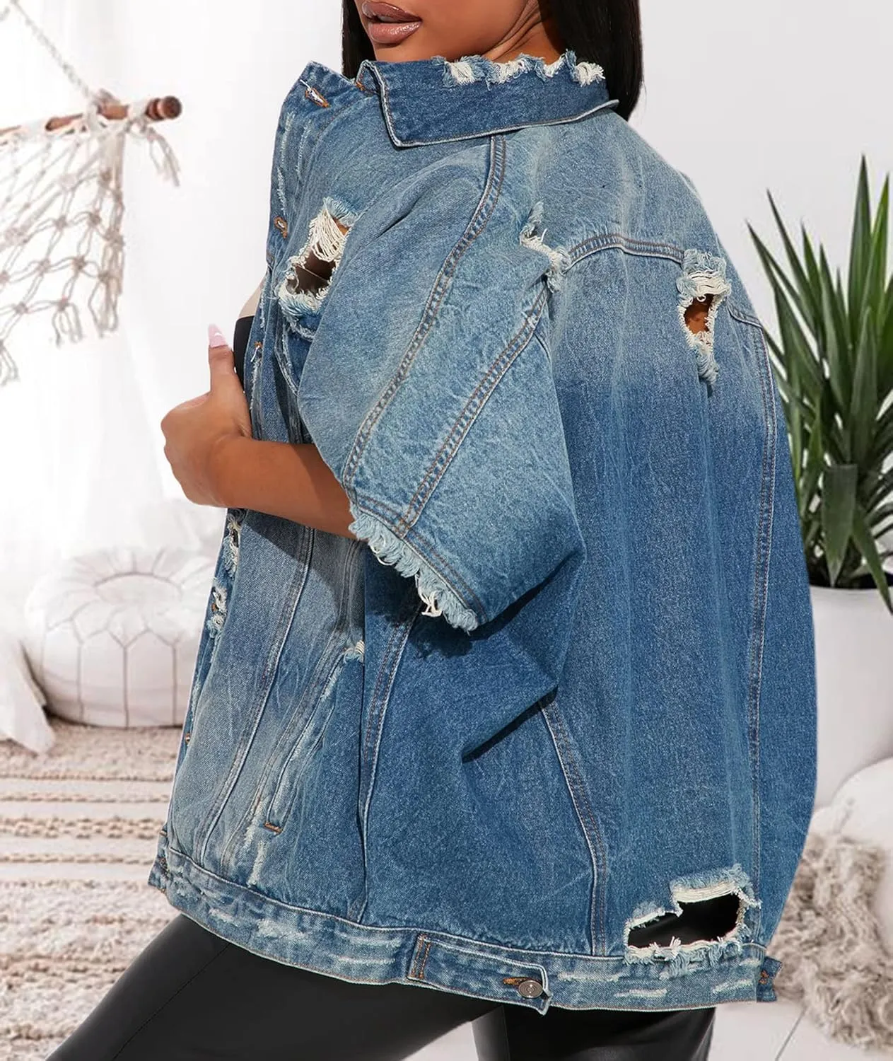 Sexyshine Women's Fashion Denim Jacket Loose Cloak Coat Jacket Washed Destroyed Denim Jackets Poncho Cape