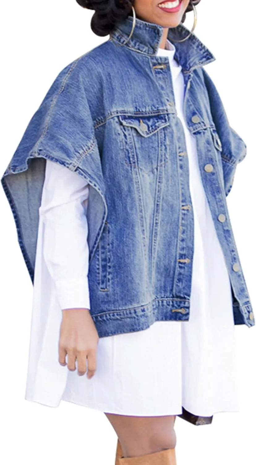 Sexyshine Women's Fashion Denim Jacket Loose Cloak Coat Jacket Washed Destroyed Denim Jackets Poncho Cape