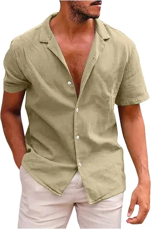 Shirts Linen Men's Cotton Solid Color Lapel Short Sleeve Button Down T-Shirt Summer Casual Fitness Slim Tees Tops