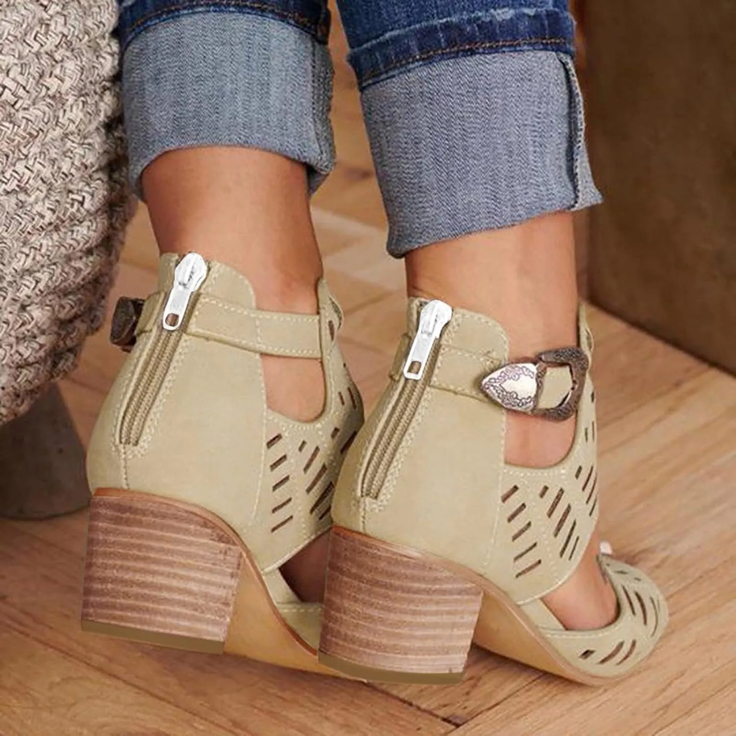 Shoes for Women Dressy, Sandals for Women Suede Peep Toe Ankle Booties Cut Out Stacked Heel Ankle Boots