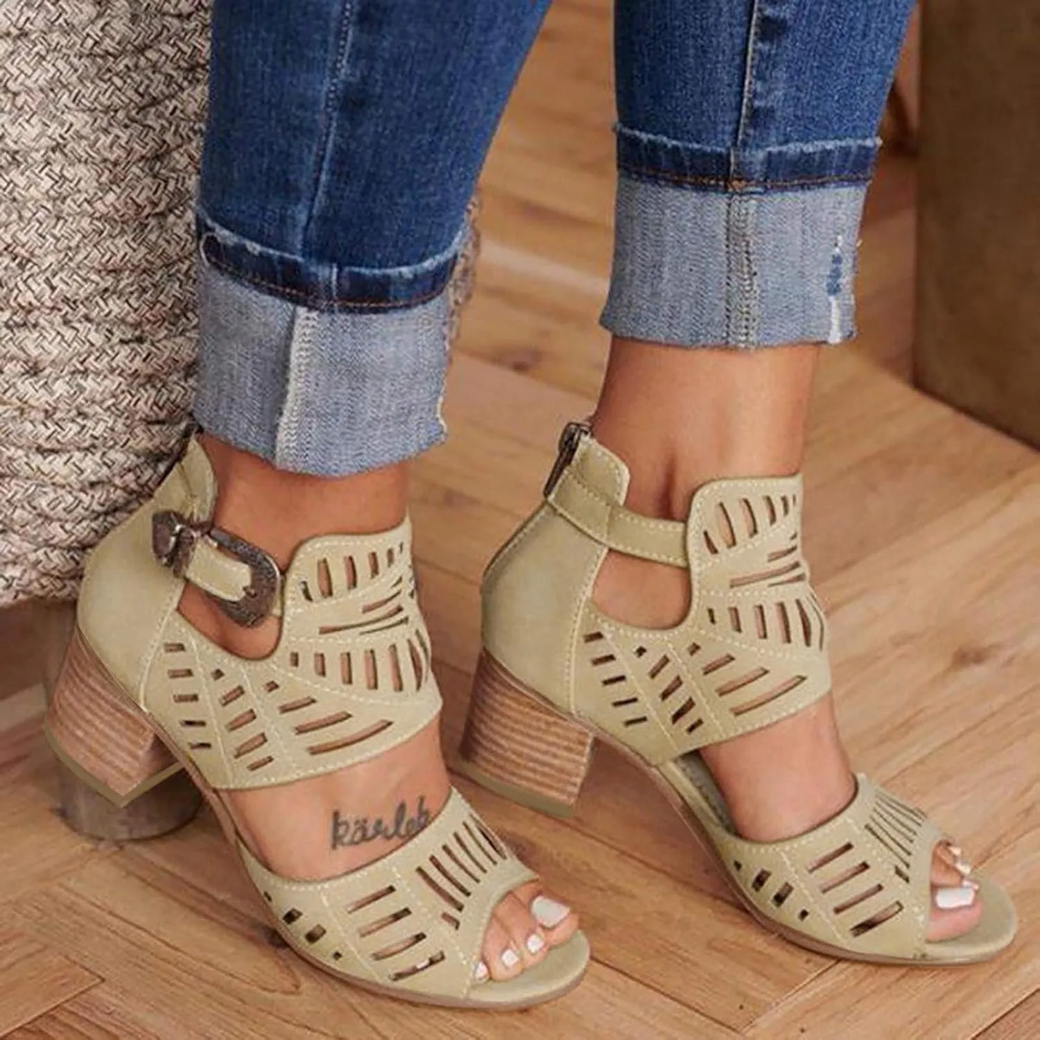 Shoes for Women Dressy, Sandals for Women Suede Peep Toe Ankle Booties Cut Out Stacked Heel Ankle Boots