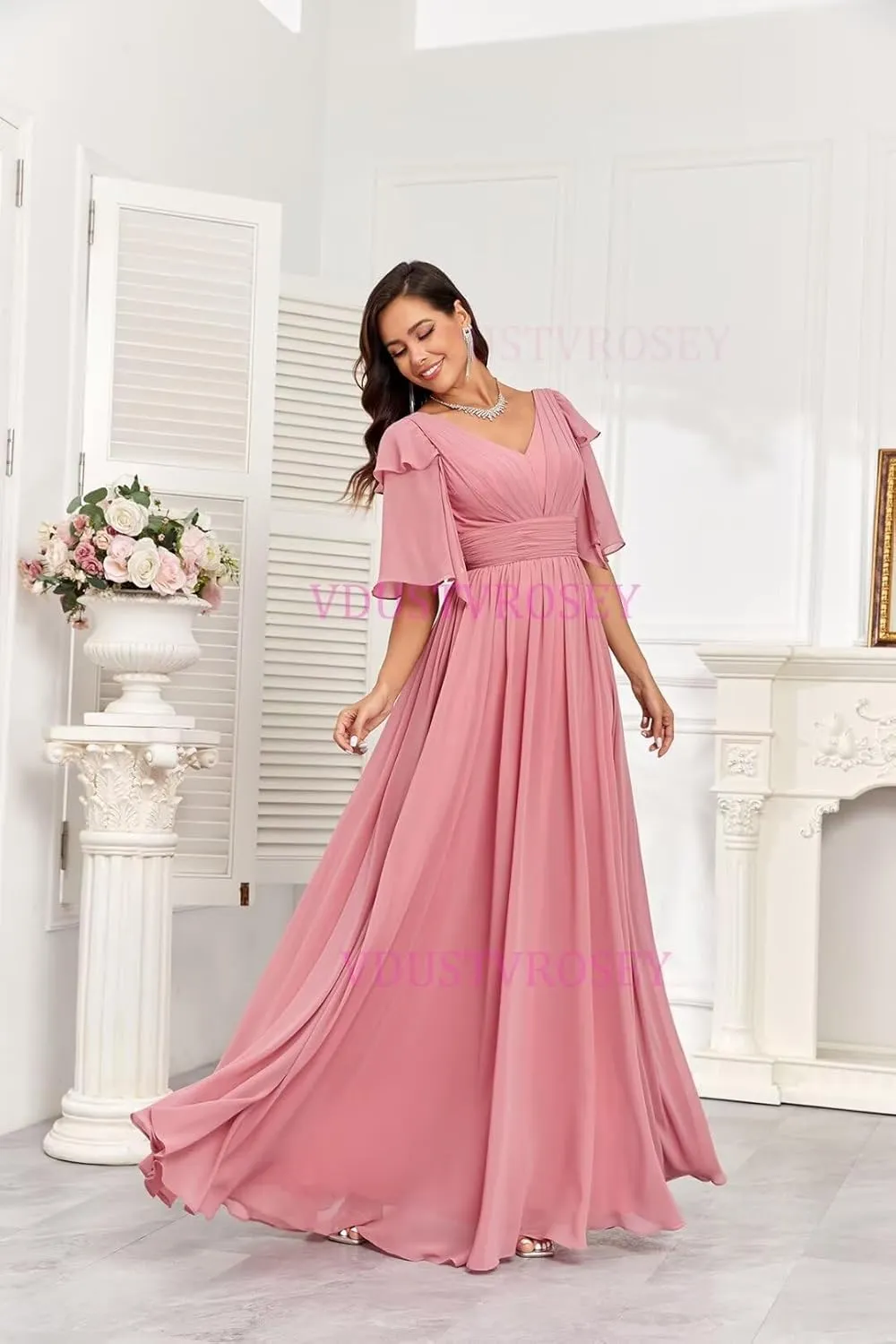Short Sleeve Bridesmaid Dress for Women 2025 Flowy A-Line Pleated Mother of The Bride Dresses with Slit
