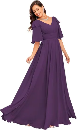 Short Sleeve Bridesmaid Dress for Women 2025 Flowy A-Line Pleated Mother of The Bride Dresses with Slit