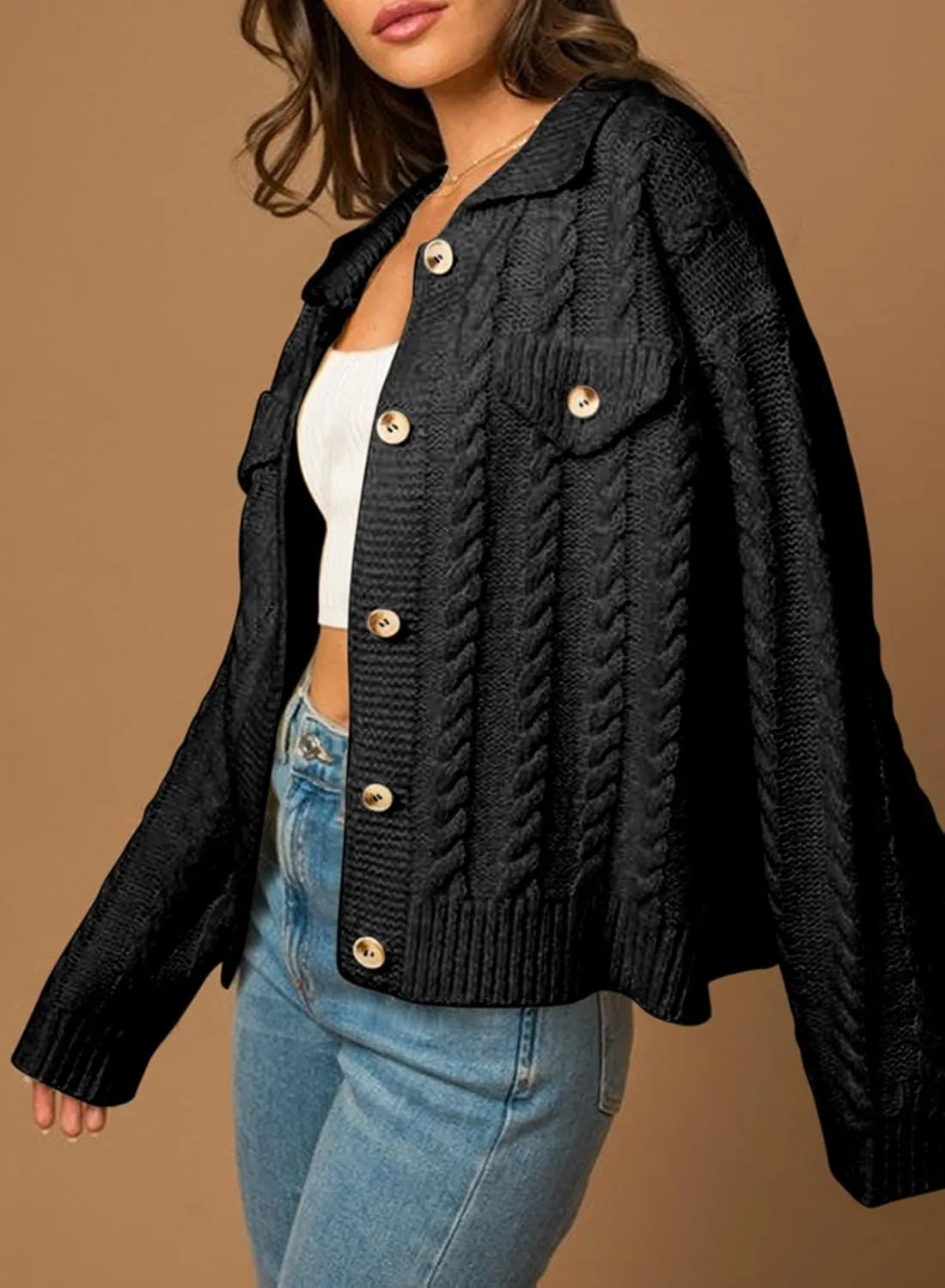 Sidefeel Women's 2024 Fall Long Sleeve Open Front Cardigan Sweaters Button Down Cable Knit Chunky Sweaters Outwear