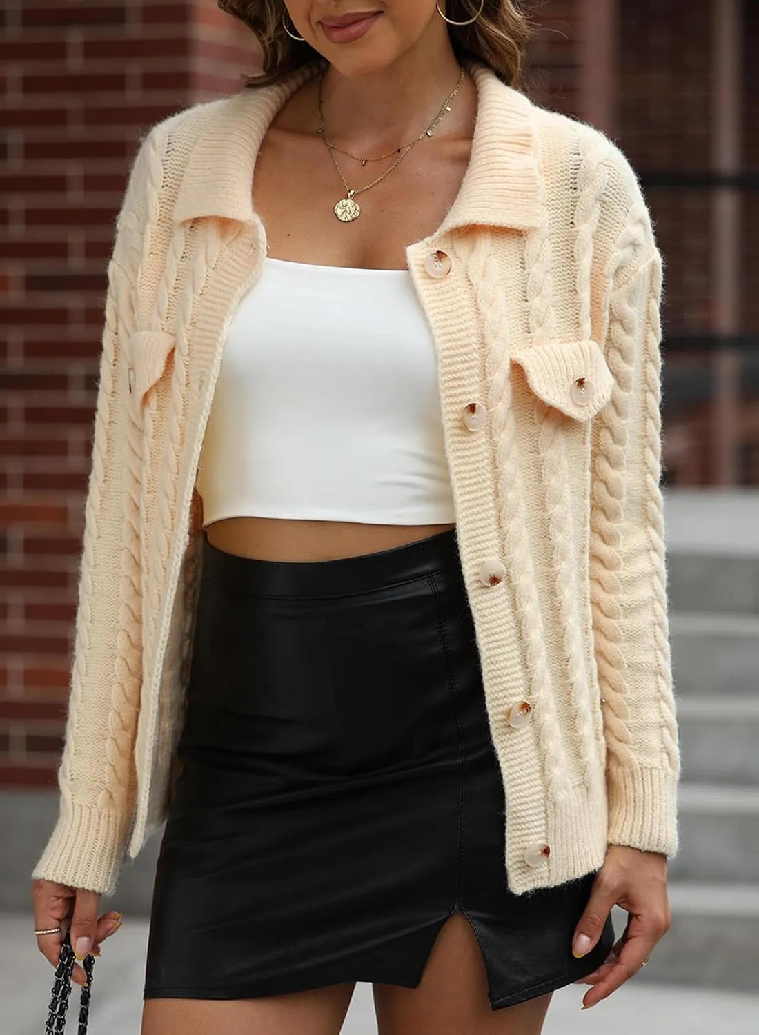 Sidefeel Women's 2024 Fall Long Sleeve Open Front Cardigan Sweaters Button Down Cable Knit Chunky Sweaters Outwear