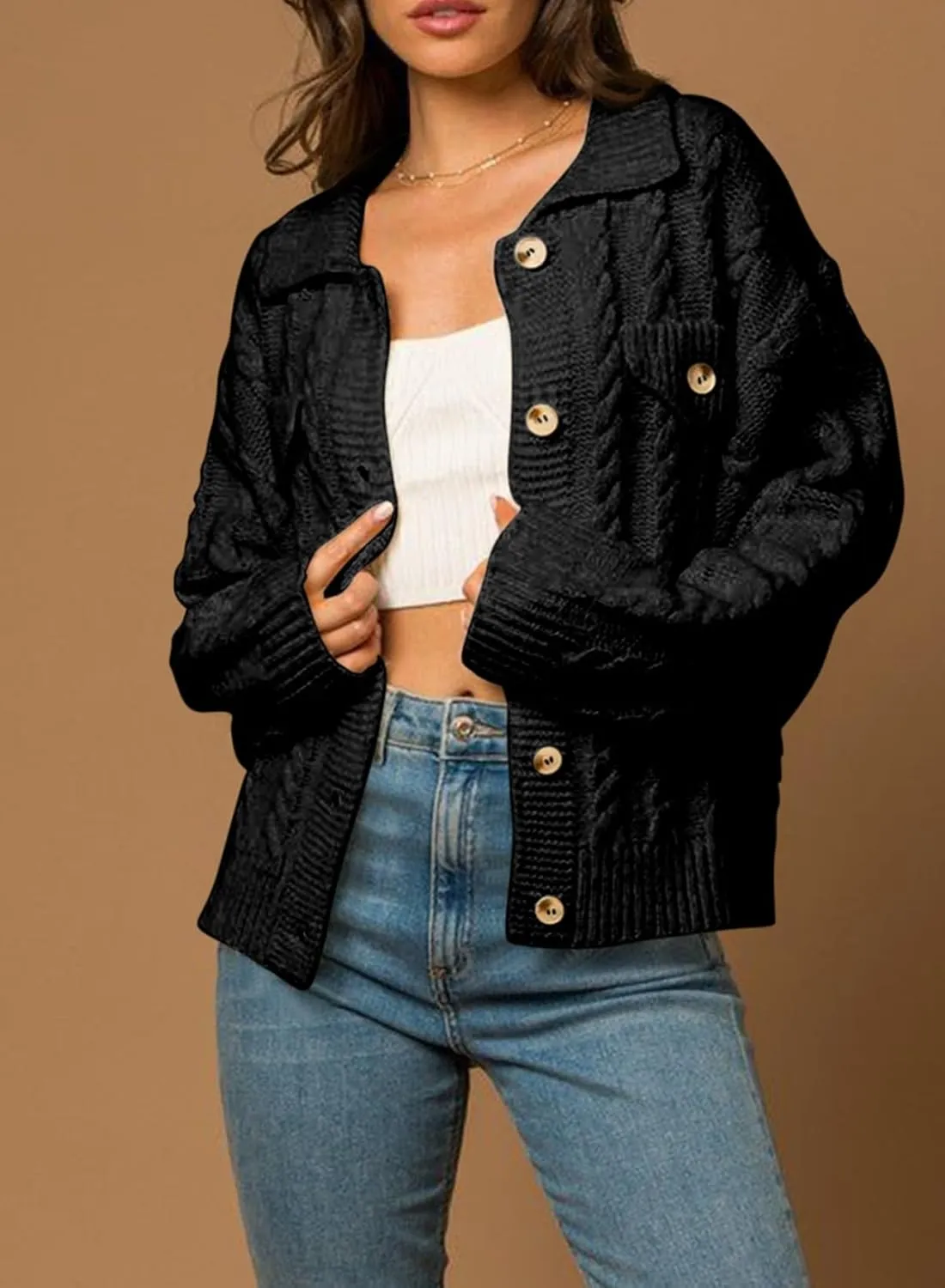 Sidefeel Women's 2024 Fall Long Sleeve Open Front Cardigan Sweaters Button Down Cable Knit Chunky Sweaters Outwear