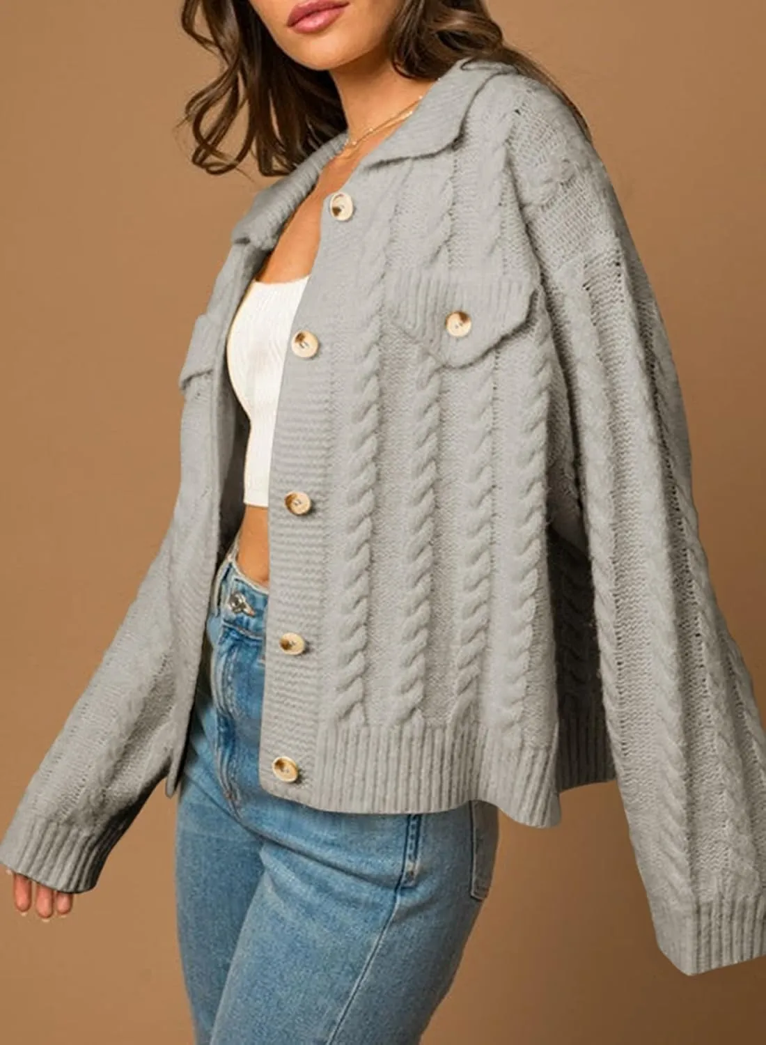 Sidefeel Women's 2024 Fall Long Sleeve Open Front Cardigan Sweaters Button Down Cable Knit Chunky Sweaters Outwear
