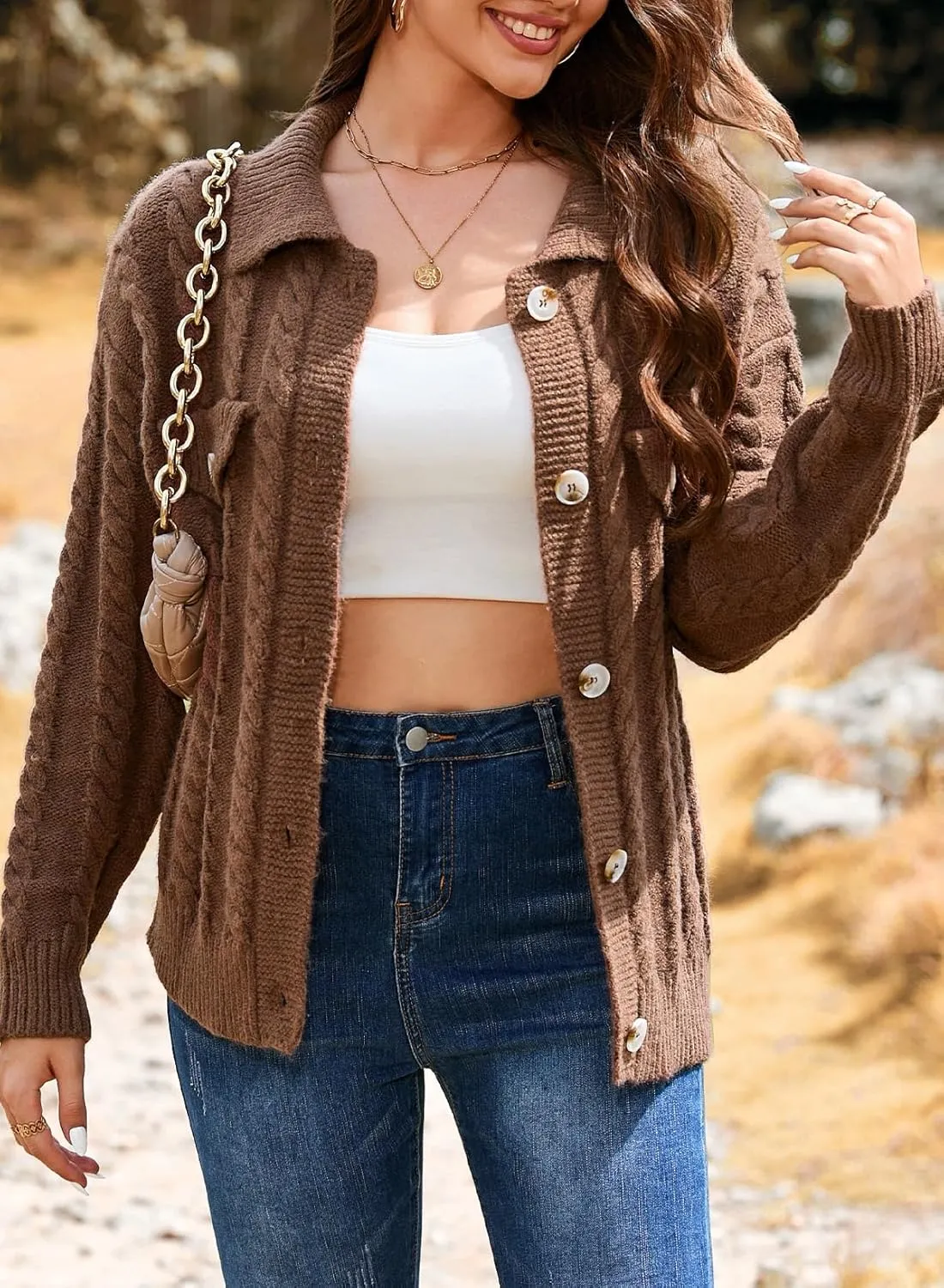 Sidefeel Women's 2024 Fall Long Sleeve Open Front Cardigan Sweaters Button Down Cable Knit Chunky Sweaters Outwear