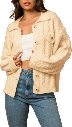 Sidefeel Women's 2024 Fall Long Sleeve Open Front Cardigan Sweaters Button Down Cable Knit Chunky Sweaters Outwear