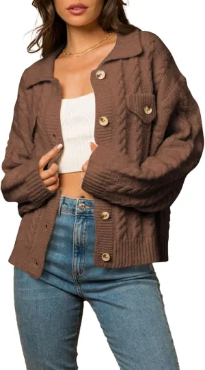 Sidefeel Women's 2024 Fall Long Sleeve Open Front Cardigan Sweaters Button Down Cable Knit Chunky Sweaters Outwear