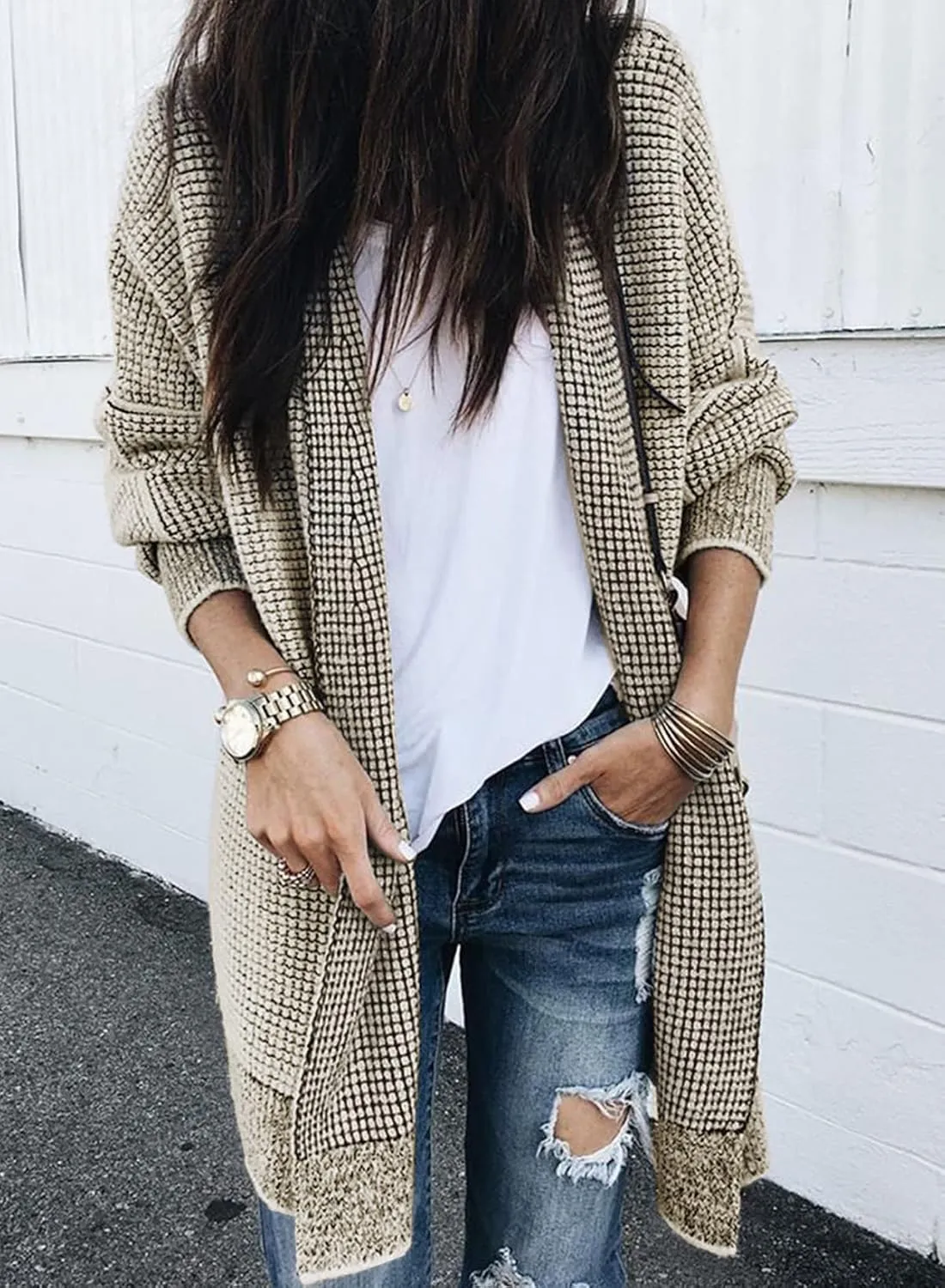 Sidefeel Womens 2024 Fall Winter Long Sleeve Open Front Cardigan Sweaters Oversized Checkered Chunky Knit Sweaters Coat