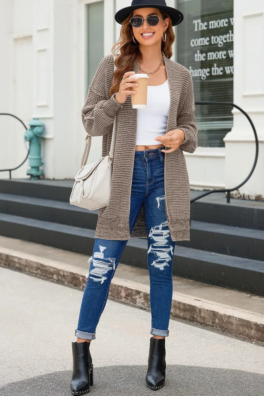 Sidefeel Womens 2024 Fall Winter Long Sleeve Open Front Cardigan Sweaters Oversized Checkered Chunky Knit Sweaters Coat