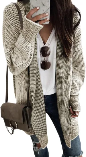 Sidefeel Womens 2024 Fall Winter Long Sleeve Open Front Cardigan Sweaters Oversized Checkered Chunky Knit Sweaters Coat