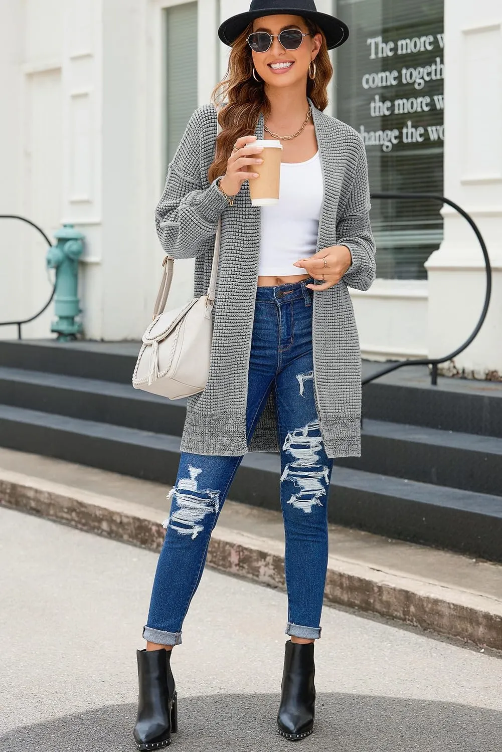 Sidefeel Womens 2024 Fall Winter Long Sleeve Open Front Cardigan Sweaters Oversized Checkered Chunky Knit Sweaters Coat