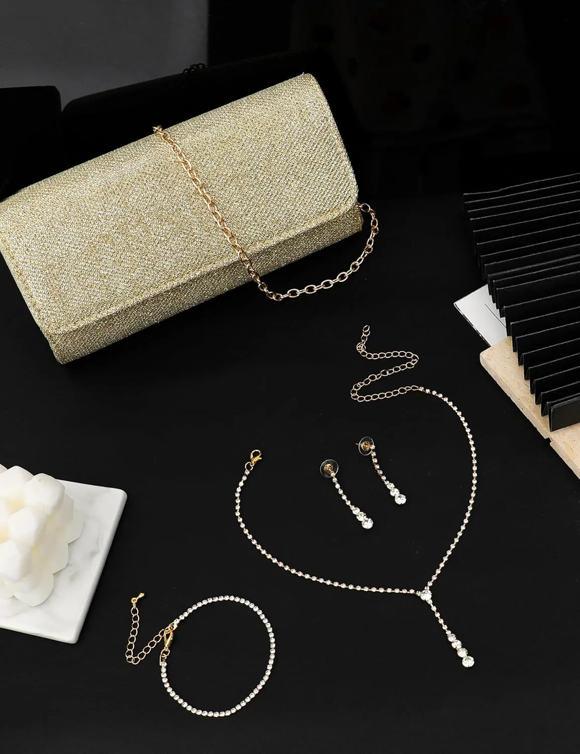 Silver Prom Jewelry Set for Women Rhinestone Necklace Dangle Earrings Bracelet Clutch Purse Silver Accessories Bride Bridesmaid Crystal Bridal Jewelry for Wedding Engagement Party Prom Accessories